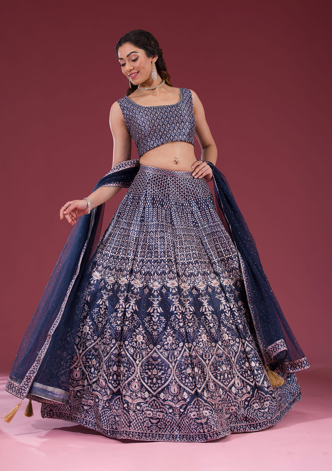 Navy Blue Silver Stonework Raw Silk Readymade Lehenga
