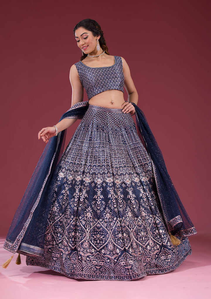 Navy Blue Silver Stonework Raw Silk Readymade Lehenga