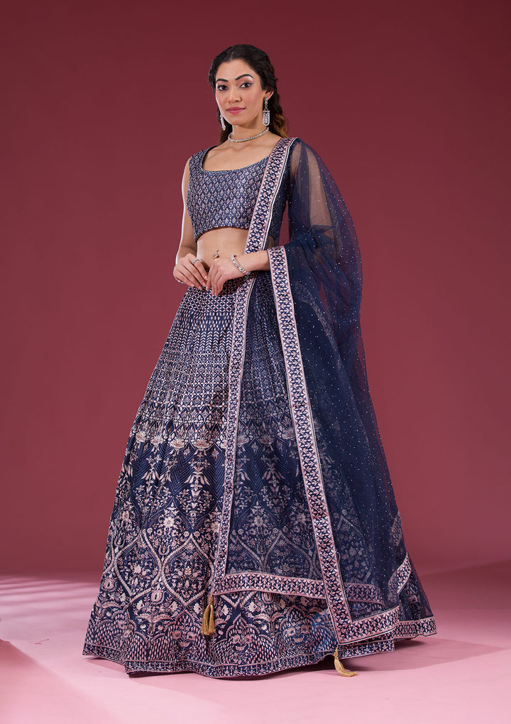 Navy Blue Silver Stonework Raw Silk Readymade Lehenga