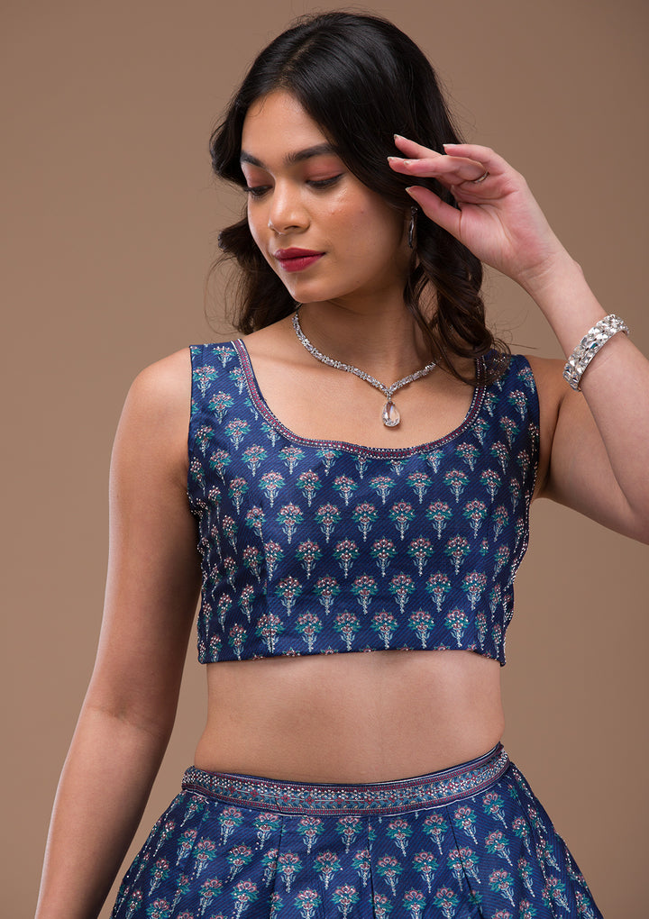 Navy Blue Swaroski Banarasi Readymade Lehenga