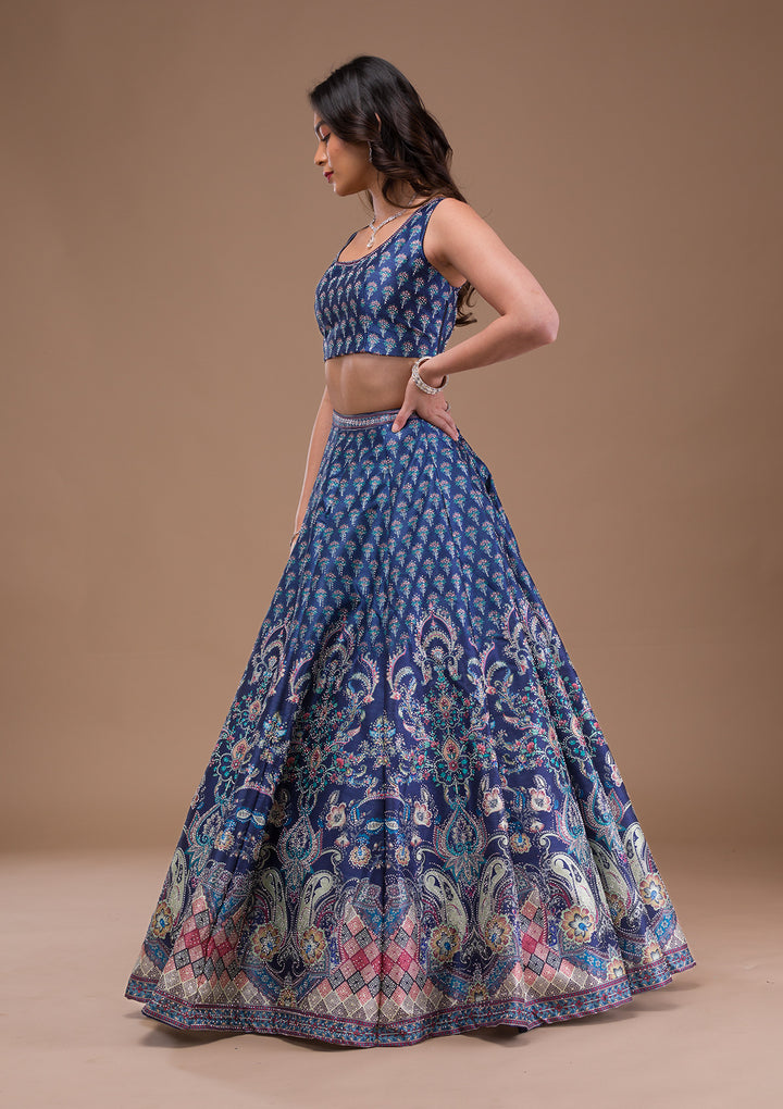 Navy Blue Swaroski Banarasi Readymade Lehenga
