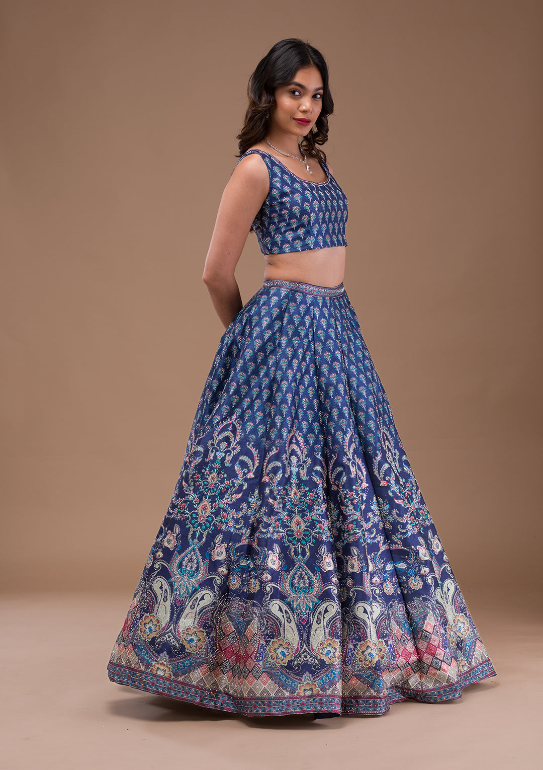 Navy Blue Swaroski Banarasi Readymade Lehenga