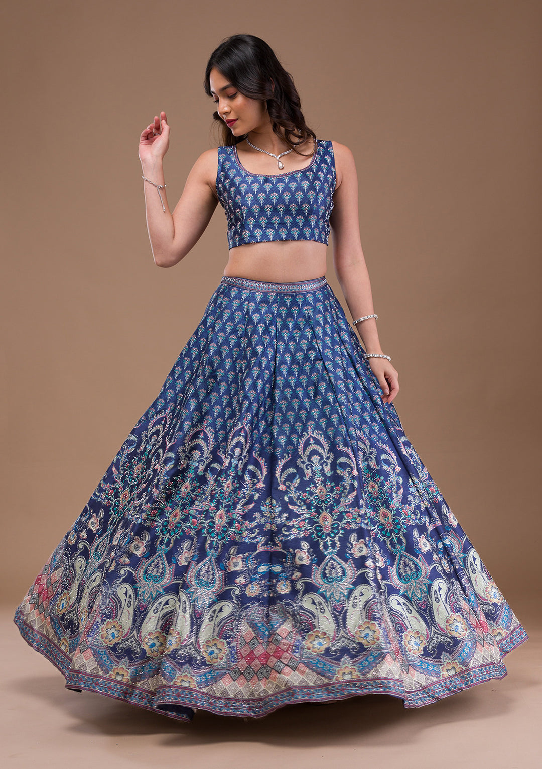 Navy Blue Swaroski Banarasi Readymade Lehenga
