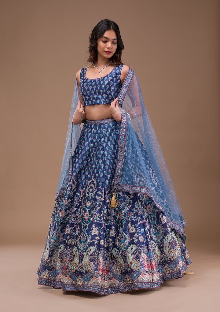 Navy Blue Swaroski Banarasi Readymade Lehenga