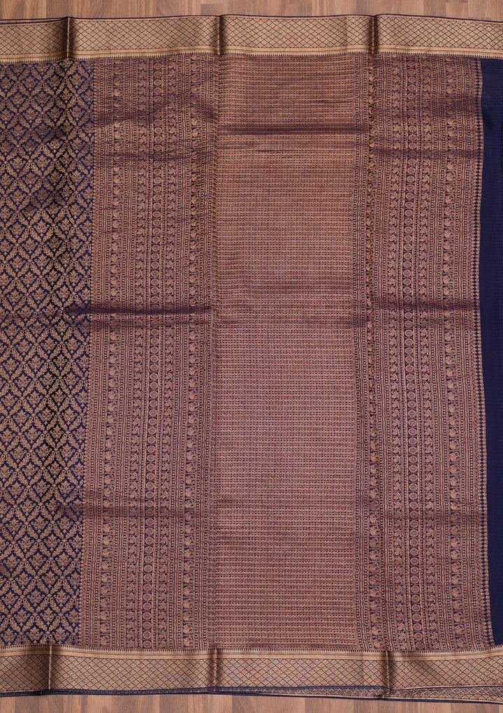 Navy Blue Silk Jaal Gold Zariwork Saree With Matching Blouse Piece