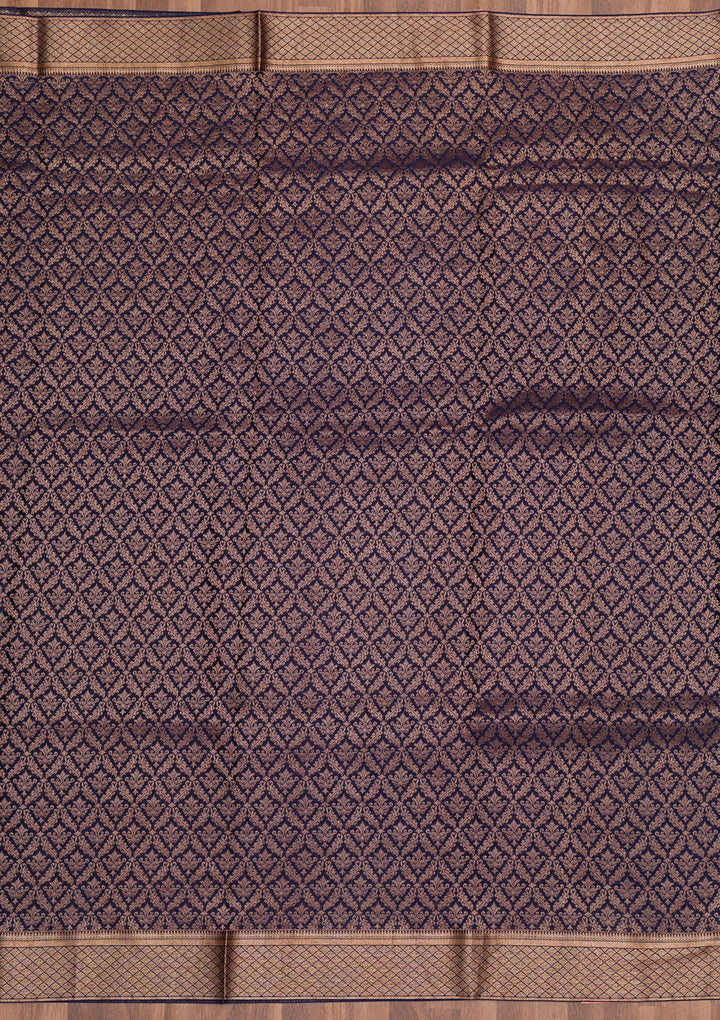 Navy Blue Silk Jaal Gold Zariwork Saree With Matching Blouse Piece