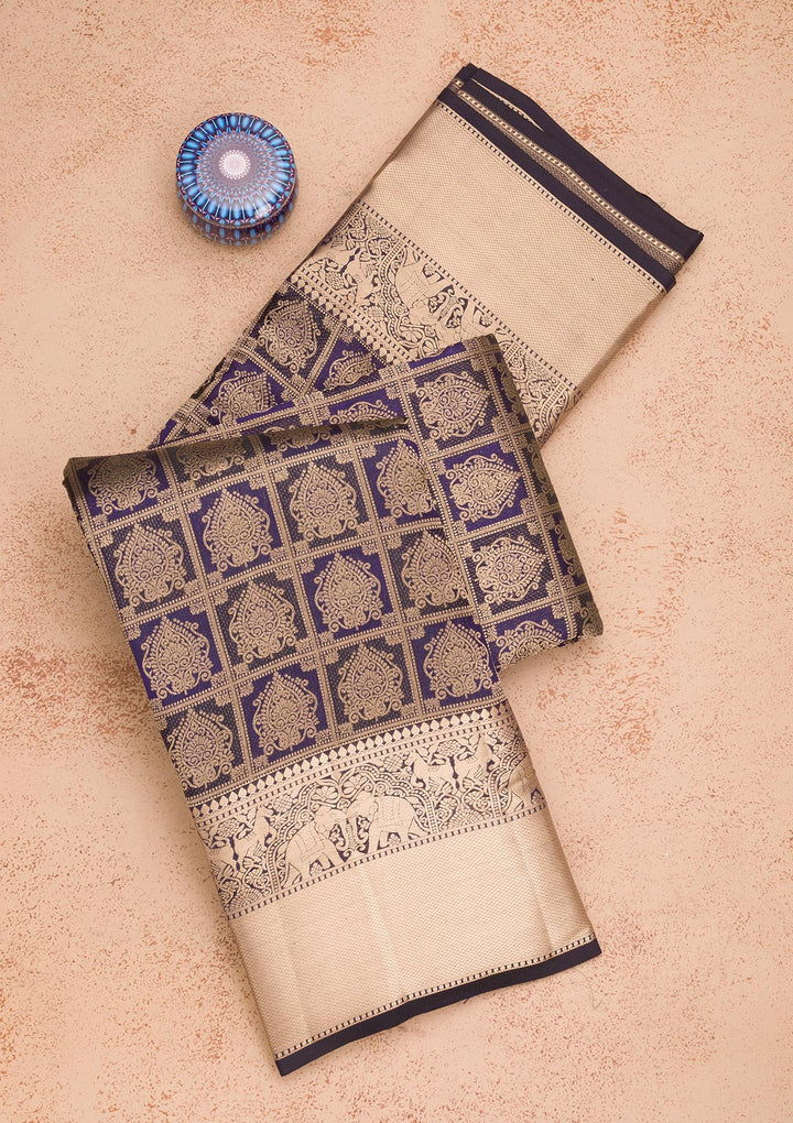 Navy Blue Pure Silk Jaal Gold Zariwork Saree With Matching Blouse Piece