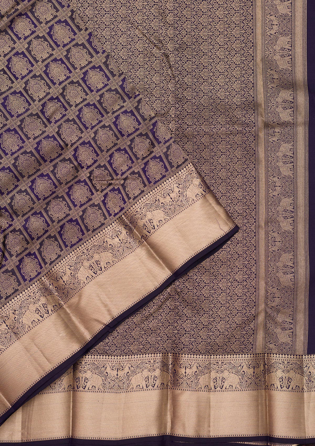 Navy Blue Pure Silk Jaal Gold Zariwork Saree With Matching Blouse Piece