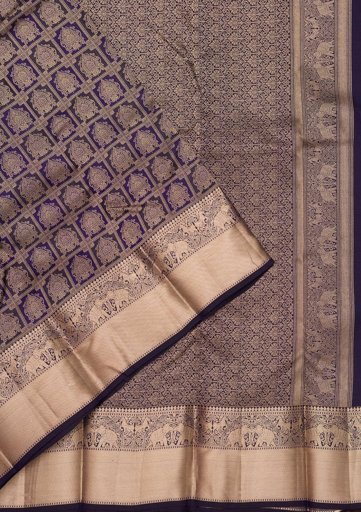 Navy Blue Pure Silk Jaal Gold Zariwork Saree With Matching Blouse Piece
