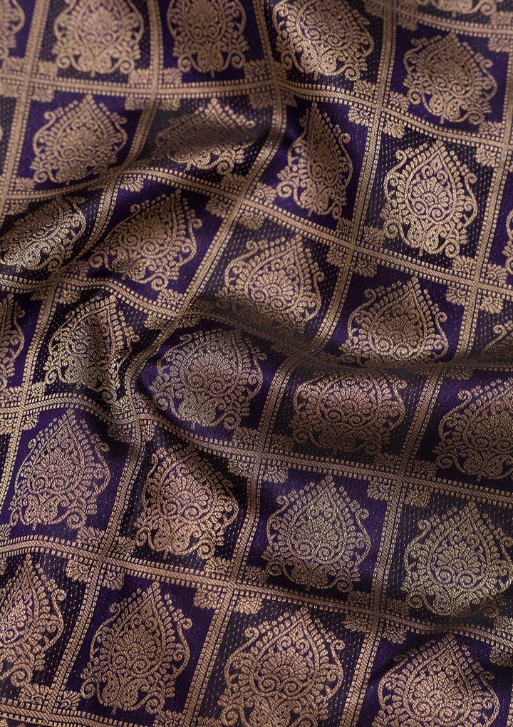 Navy Blue Pure Silk Jaal Gold Zariwork Saree With Matching Blouse Piece