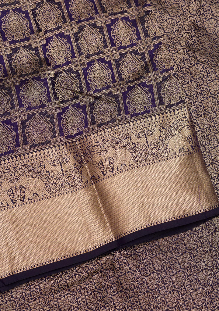 Navy Blue Pure Silk Jaal Gold Zariwork Saree With Matching Blouse Piece