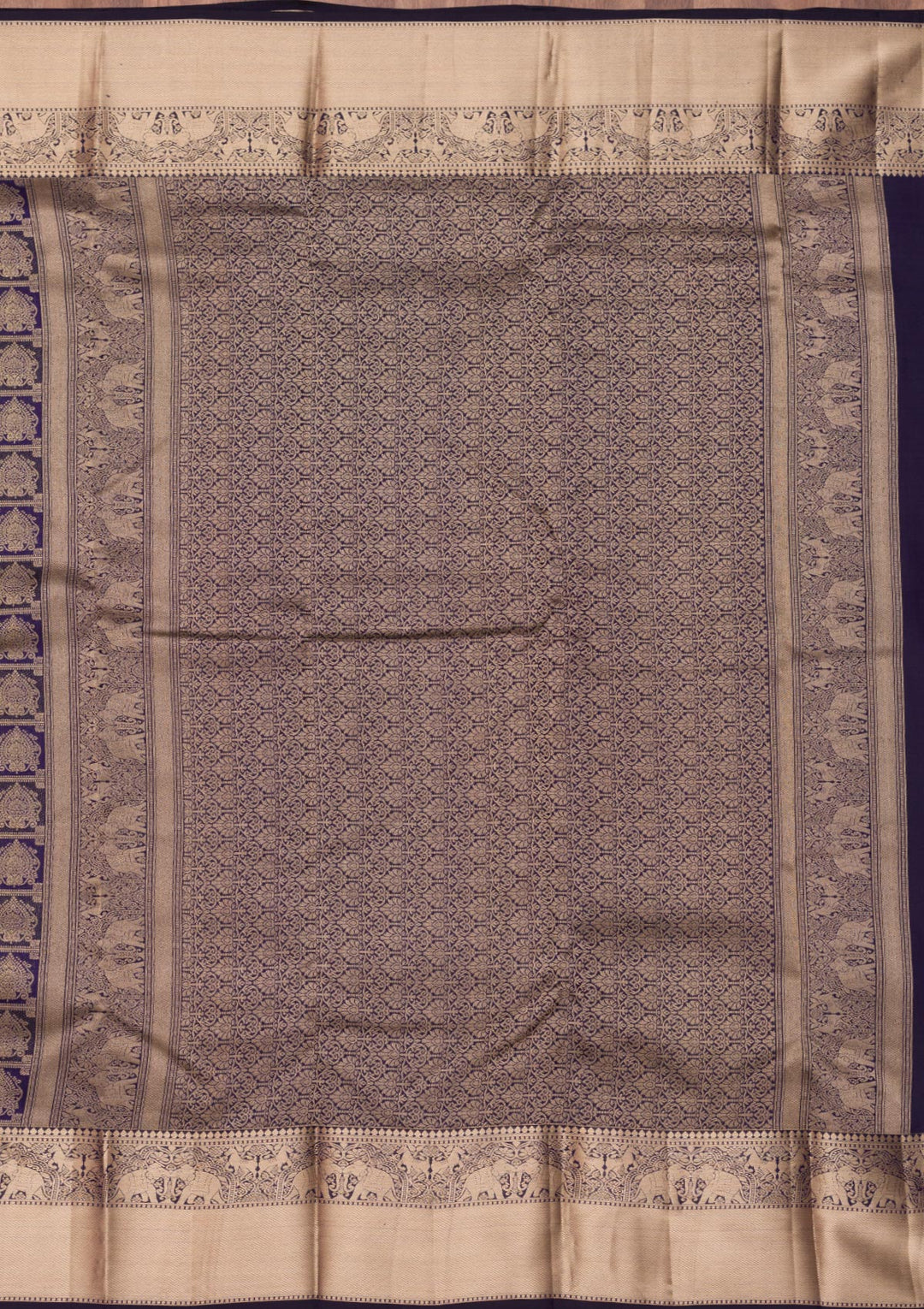 Navy Blue Pure Silk Jaal Gold Zariwork Saree With Matching Blouse Piece