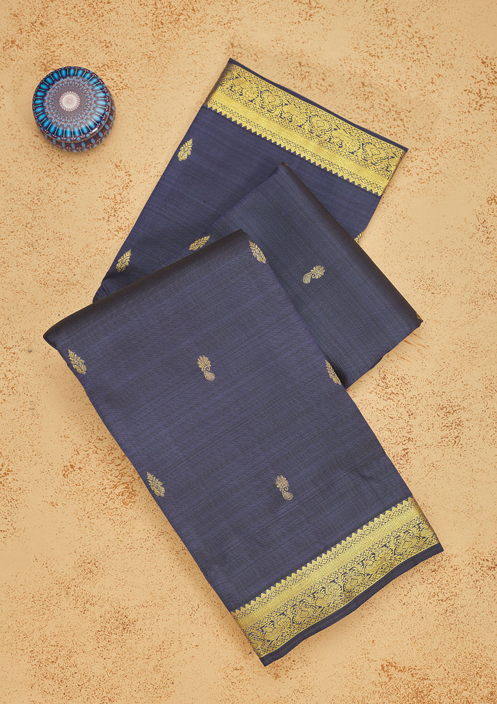 Navy Blue Silk Buti Gold Zariwork Saree With Matching Blouse Piece