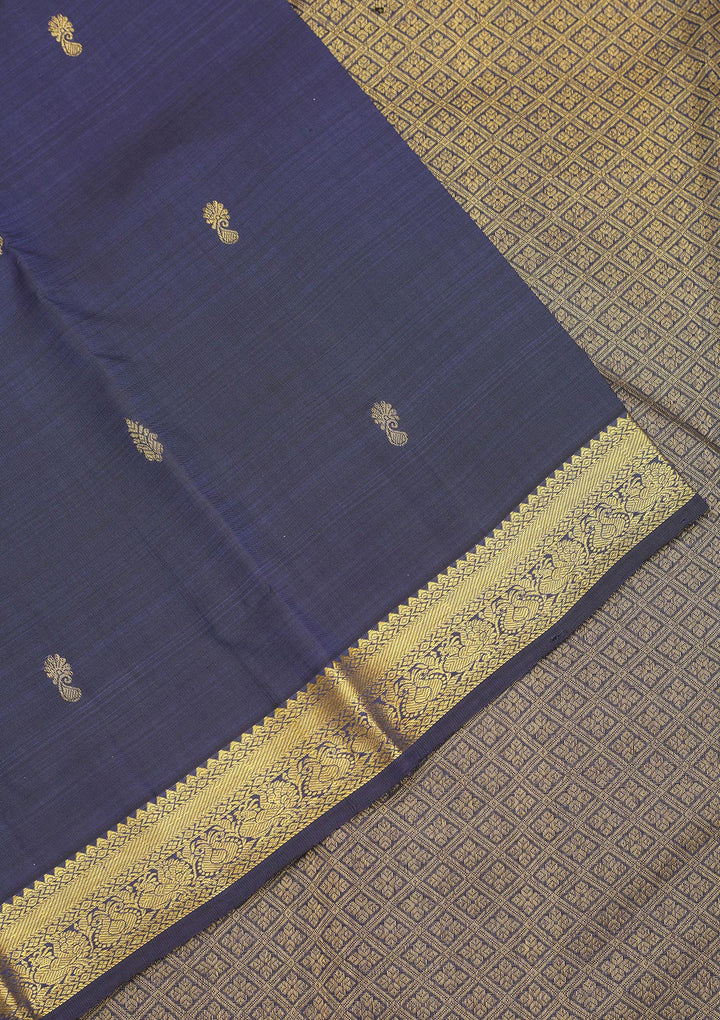 Navy Blue Silk Buti Gold Zariwork Saree With Matching Blouse Piece