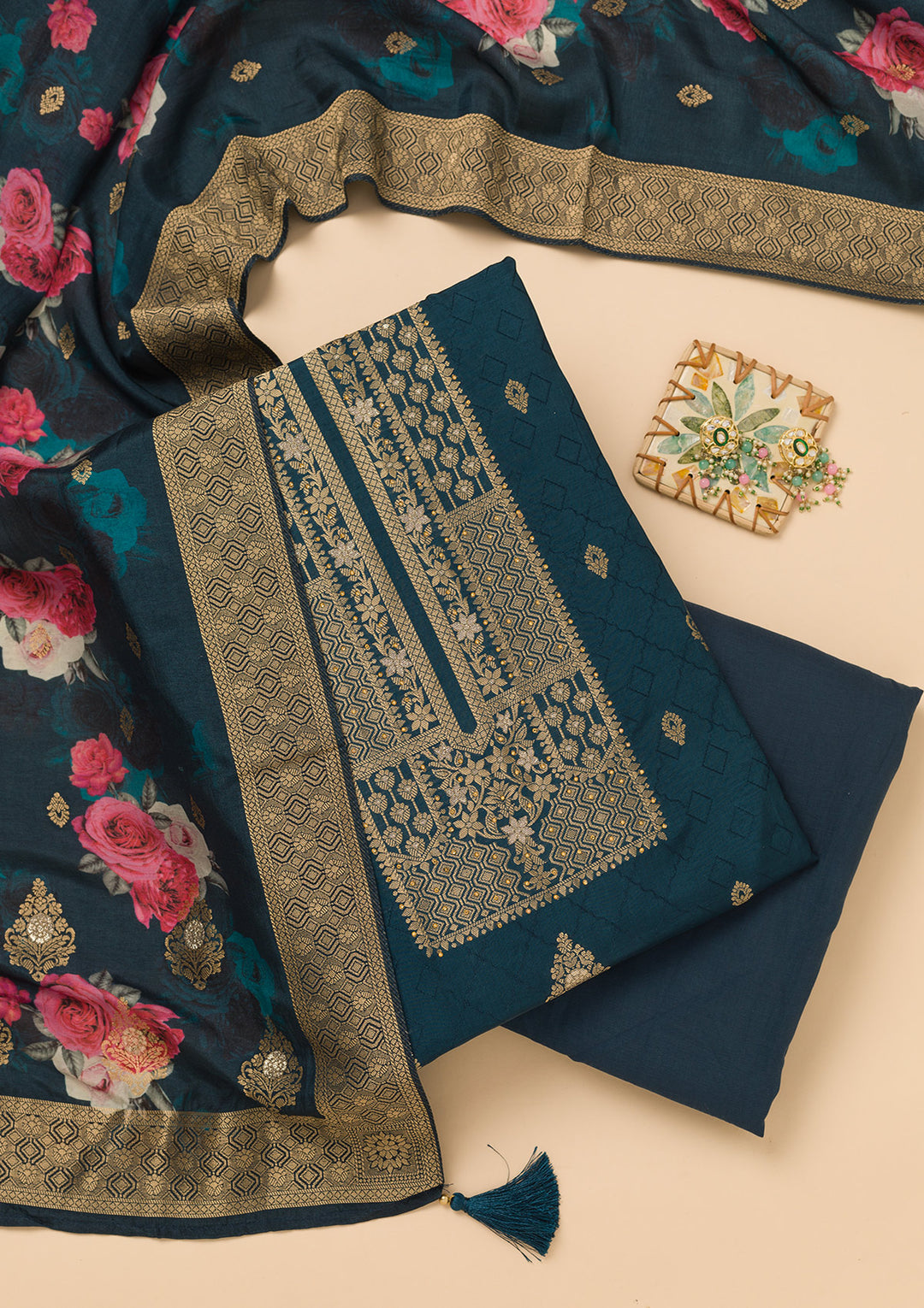 Navy Blue Dola Silk Gold Zariwork Unstitched Dress Material With Matching Bottom And Dupatta