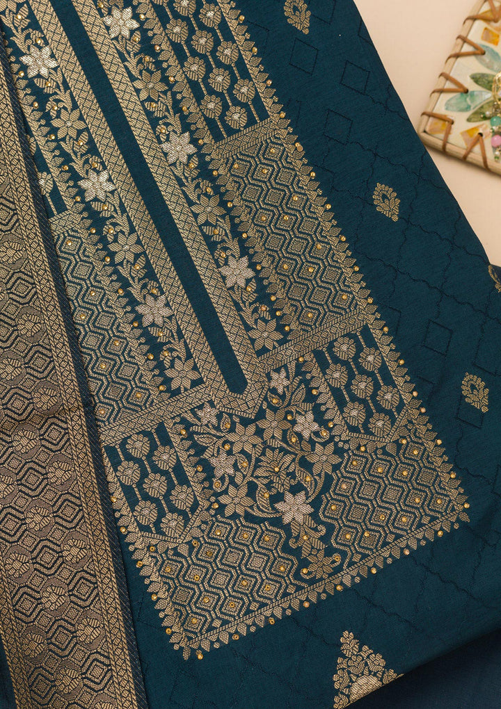Navy Blue Dola Silk Gold Zariwork Unstitched Dress Material With Matching Bottom And Dupatta