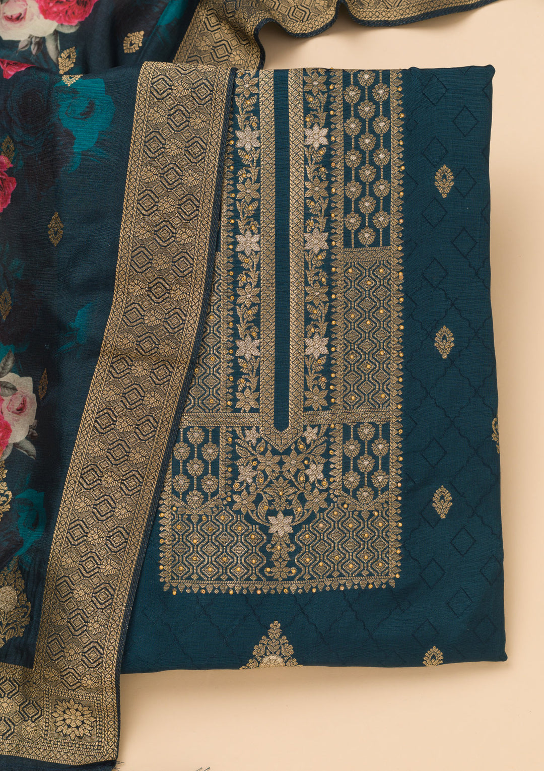 Navy Blue Dola Silk Gold Zariwork Unstitched Dress Material With Matching Bottom And Dupatta