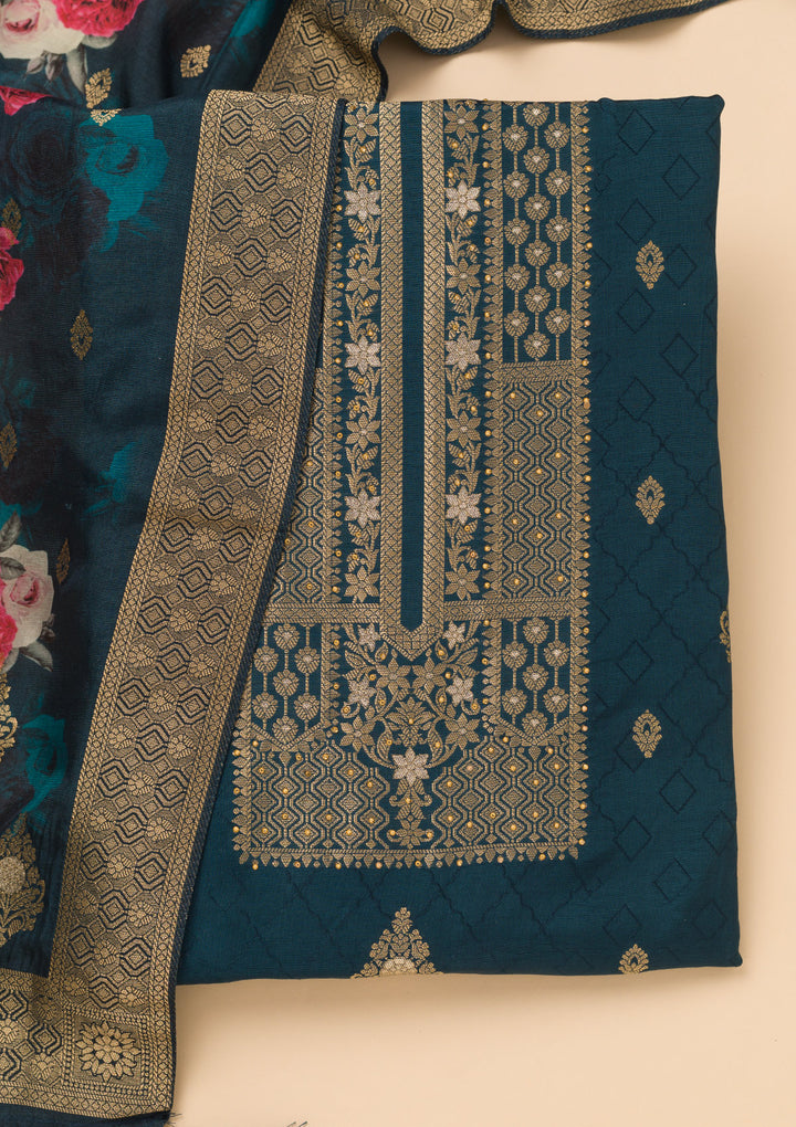Navy Blue Dola Silk Gold Zariwork Unstitched Dress Material With Matching Bottom And Dupatta