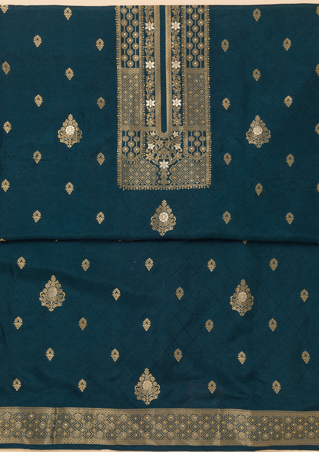 Navy Blue Dola Silk Gold Zariwork Unstitched Dress Material With Matching Bottom And Dupatta