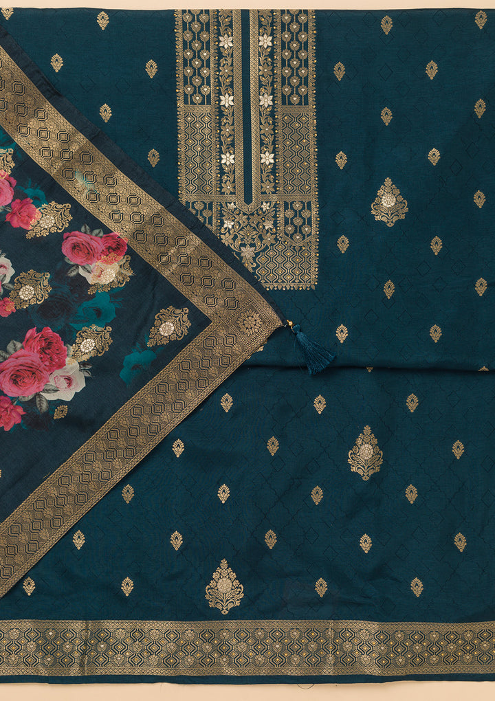 Navy Blue Dola Silk Gold Zariwork Unstitched Dress Material With Matching Bottom And Dupatta