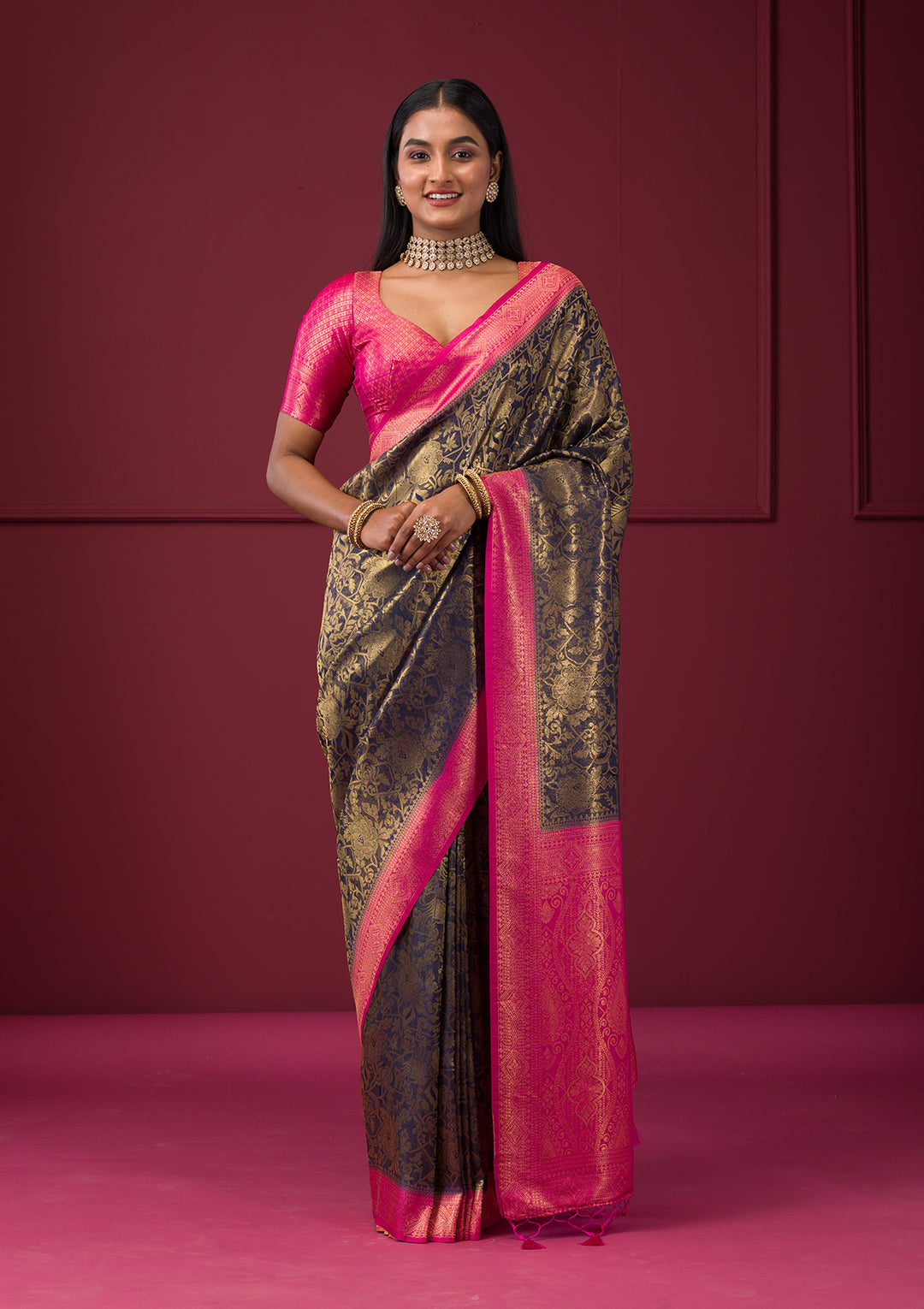Navy Blue Zariwork Soft Silk Saree
