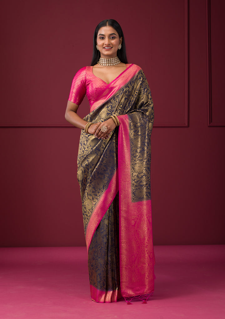 Navy Blue Zariwork Soft Silk Saree