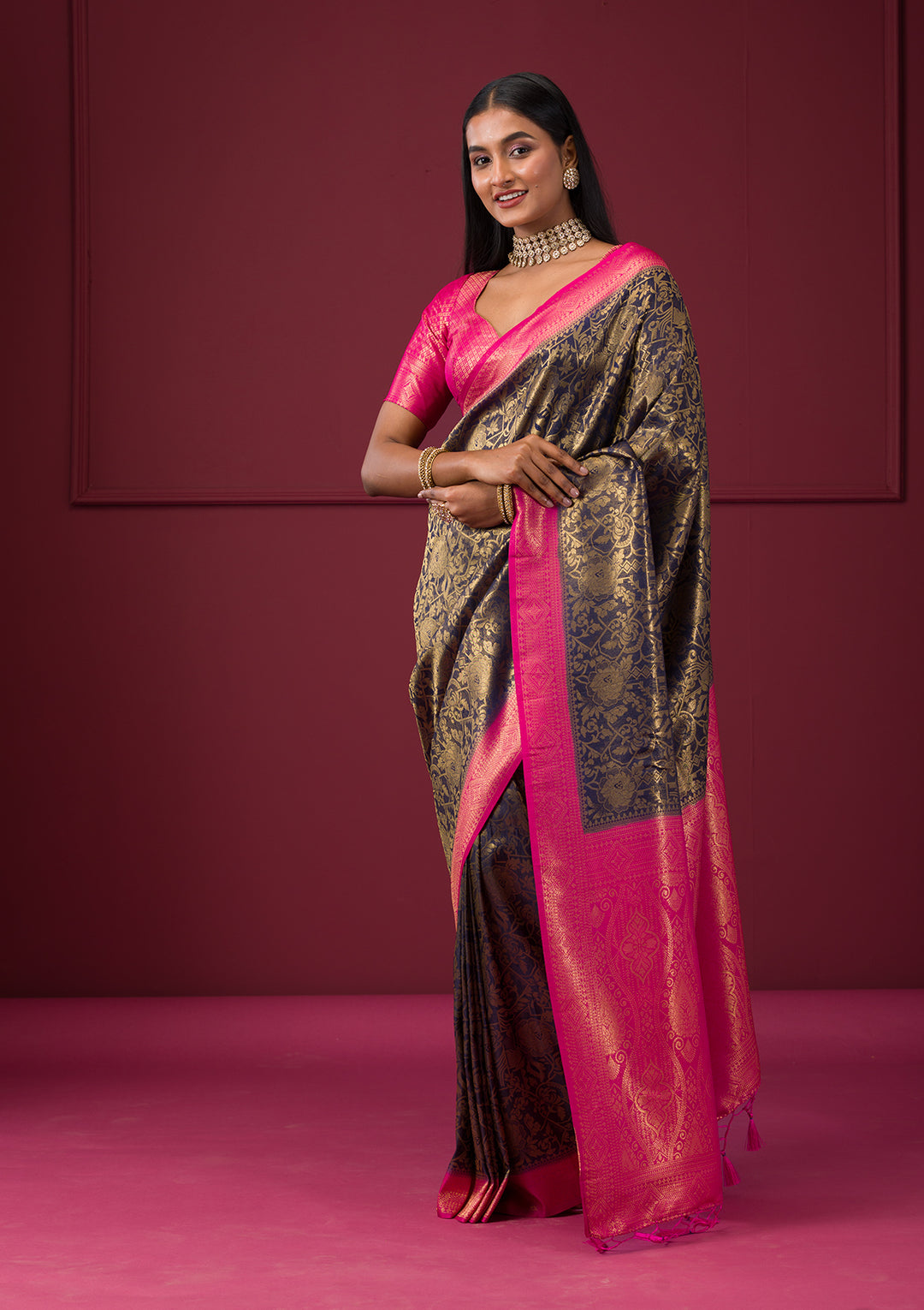 Navy Blue Zariwork Soft Silk Saree