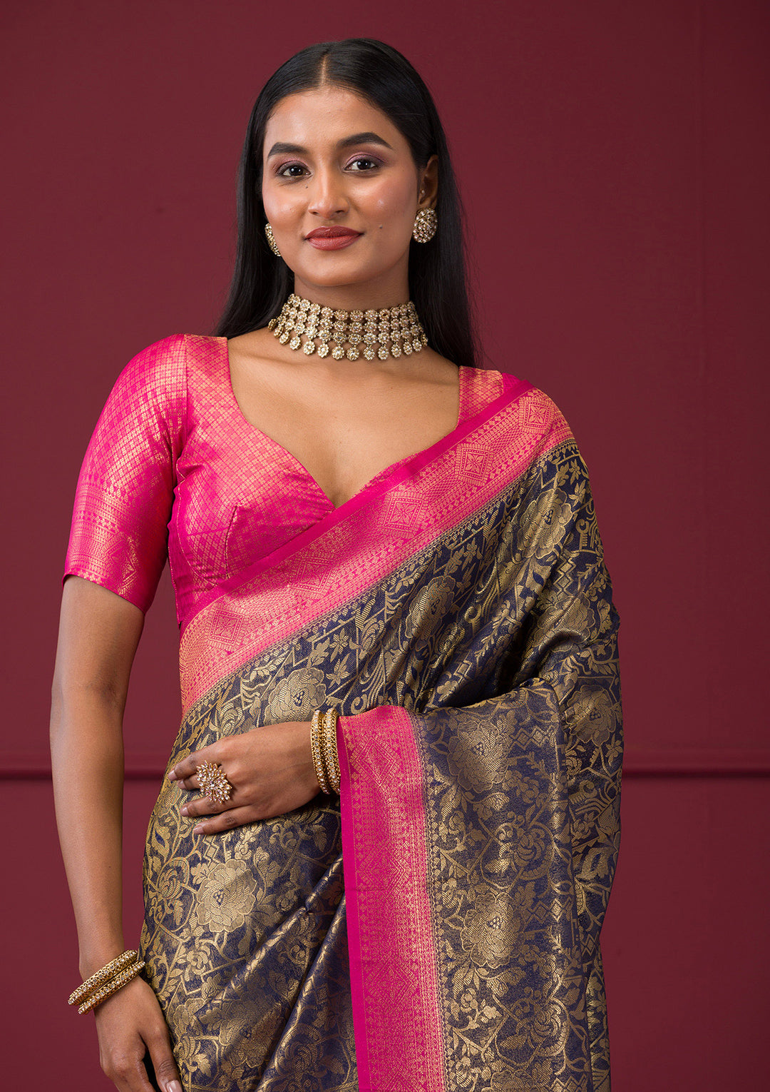 Navy Blue Zariwork Soft Silk Saree