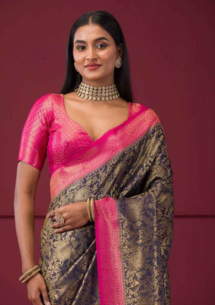 Navy Blue Zariwork Soft Silk Saree