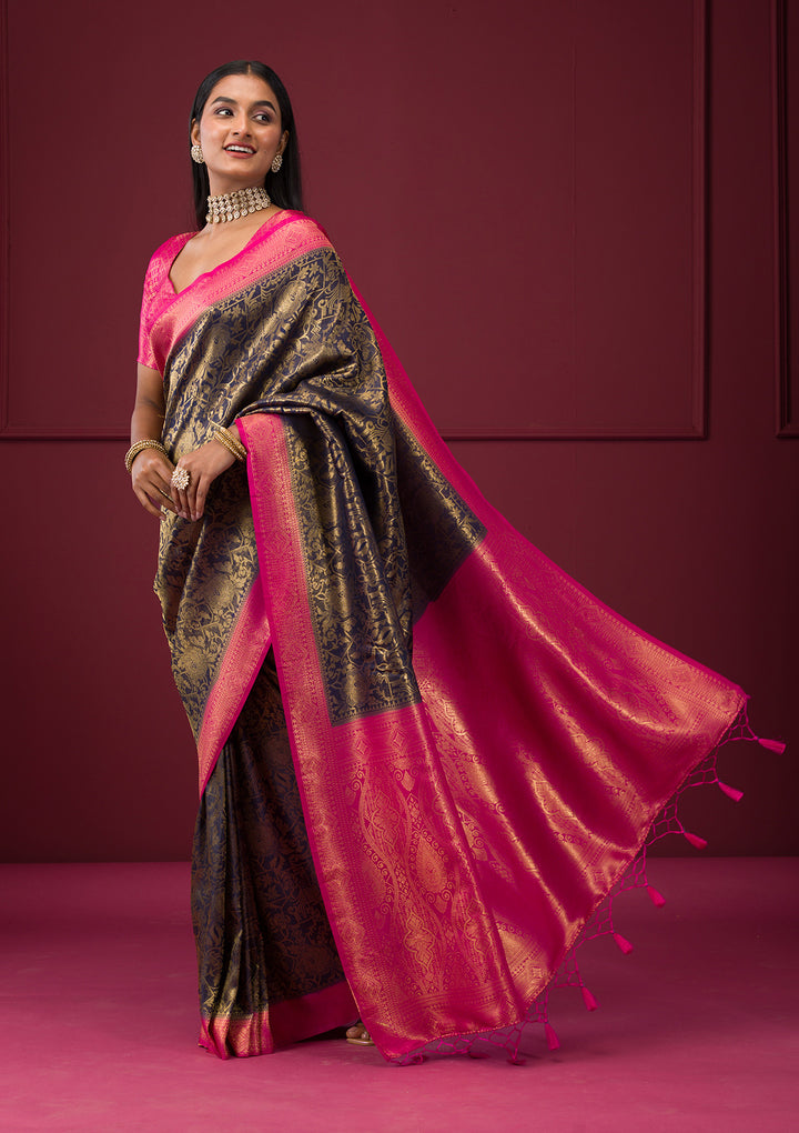 Navy Blue Zariwork Soft Silk Saree