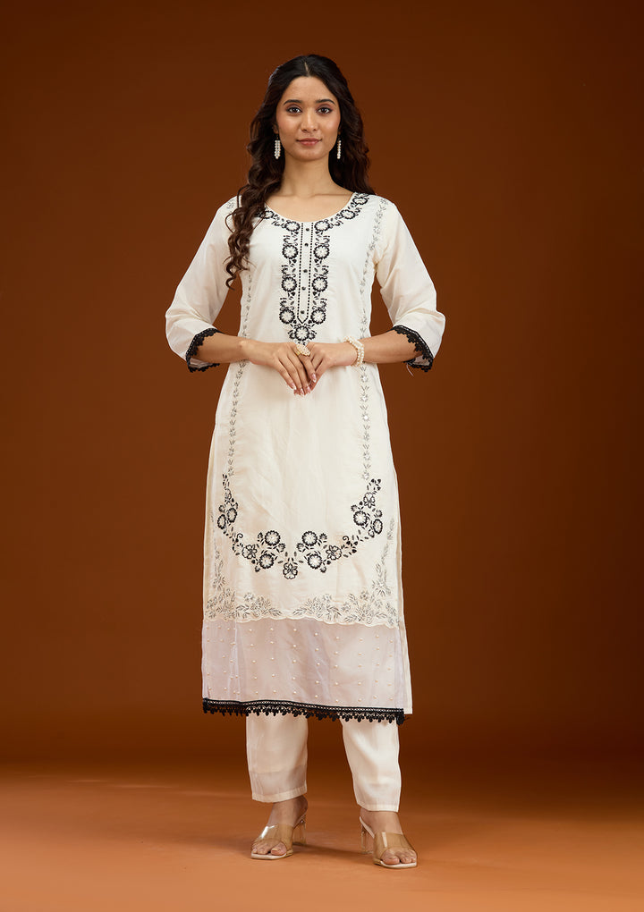 Koskii White Crepe Salwar Suit – Ready-to-Wear with Exquisite Threadwork