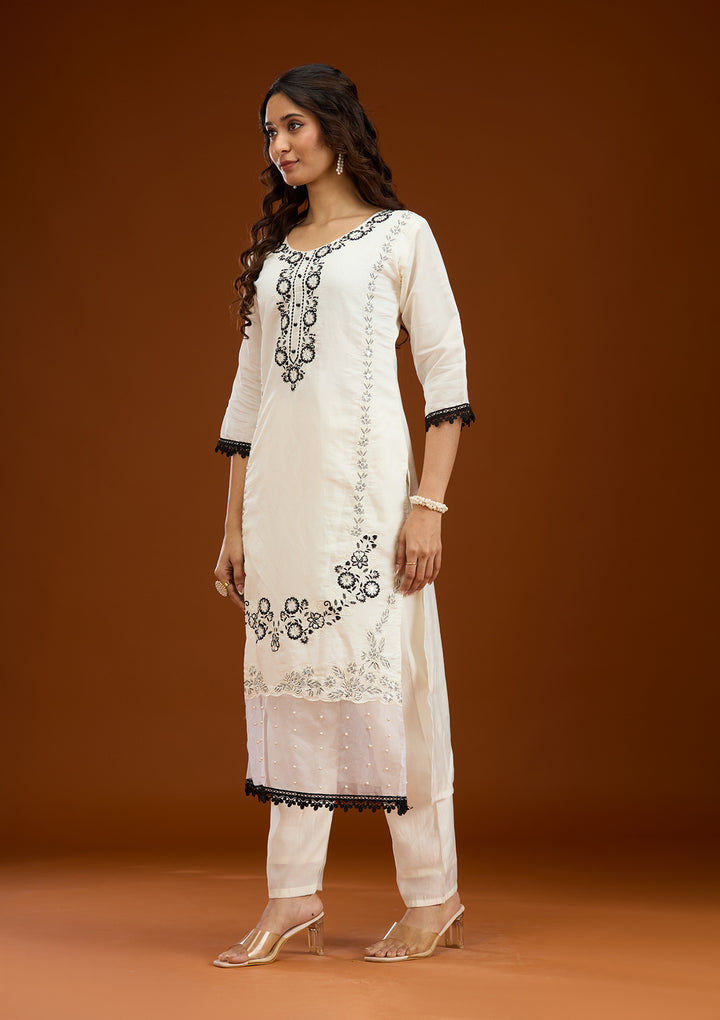 Koskii White Crepe Salwar Suit – Ready-to-Wear with Exquisite Threadwork