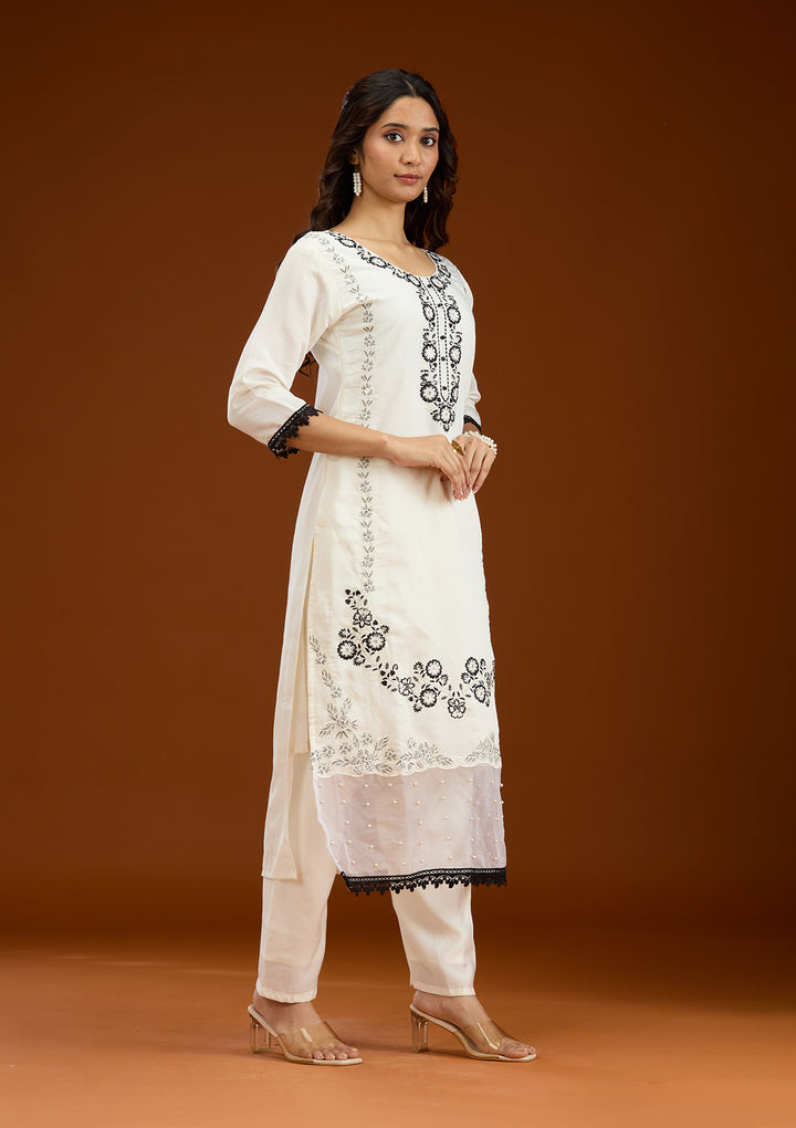 Koskii White Crepe Salwar Suit – Ready-to-Wear with Exquisite Threadwork