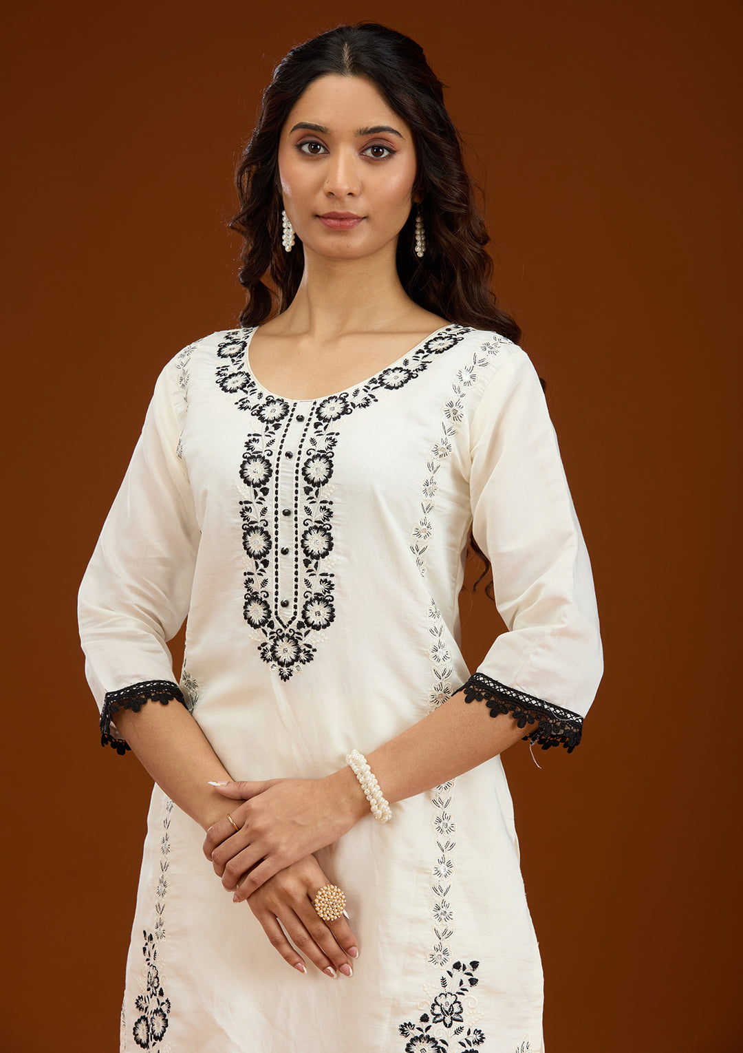 Koskii White Crepe Salwar Suit – Ready-to-Wear with Exquisite Threadwork
