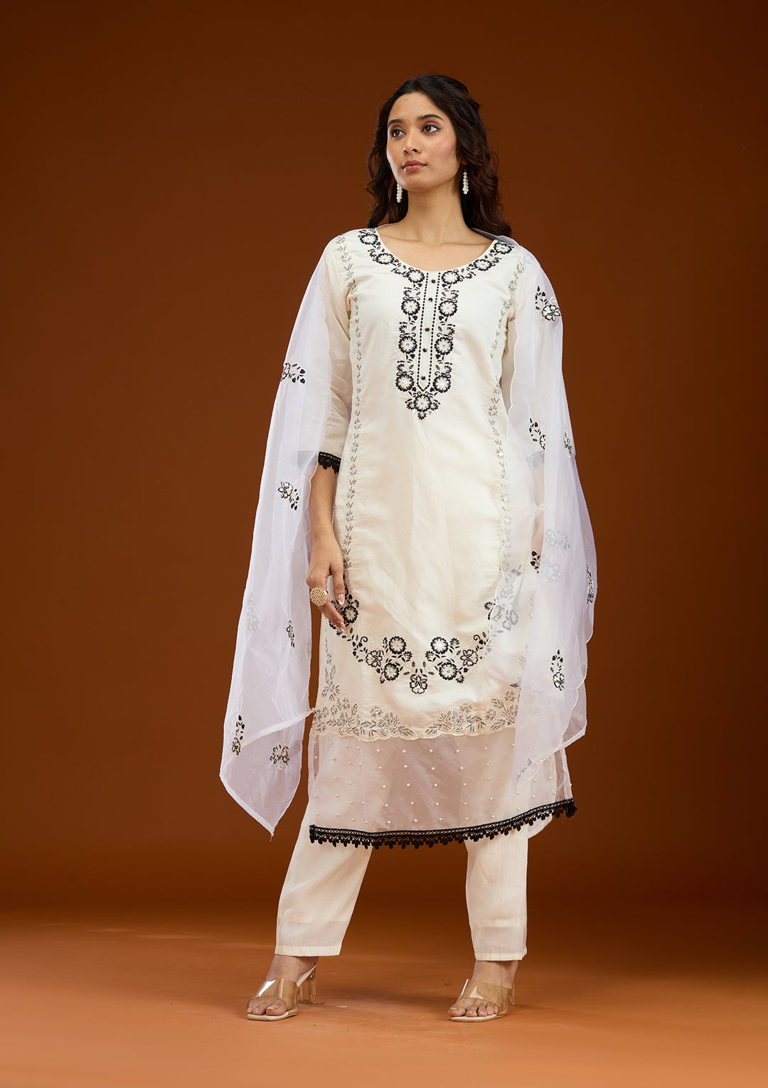 Koskii White Crepe Salwar Suit – Ready-to-Wear with Exquisite Threadwork