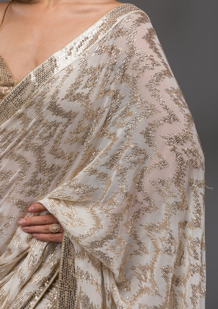 Off White Sequins Georgette Saree