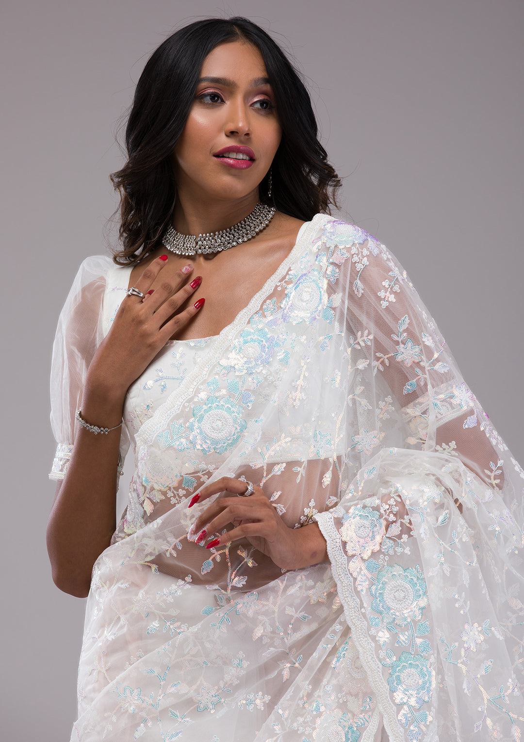 Off White Sequins Tissue Saree
