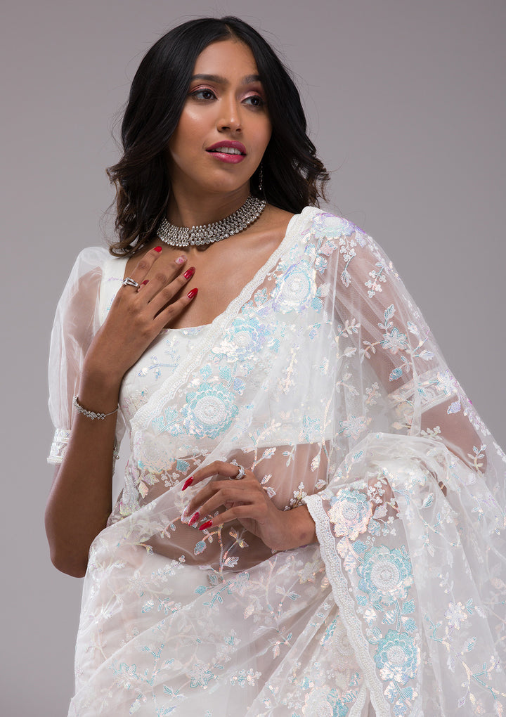 Off White Sequins Tissue Saree