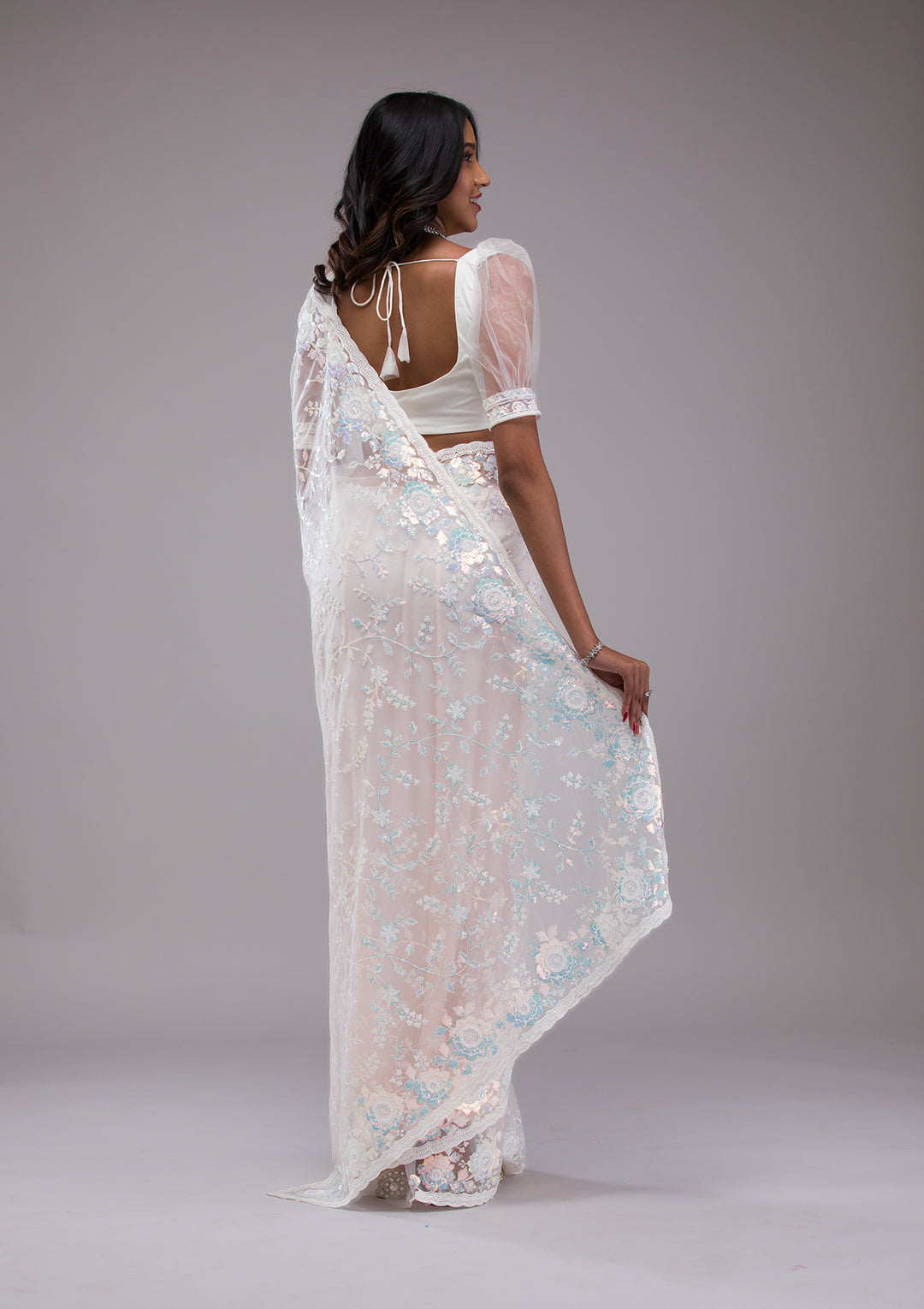 Off White Sequins Tissue Saree