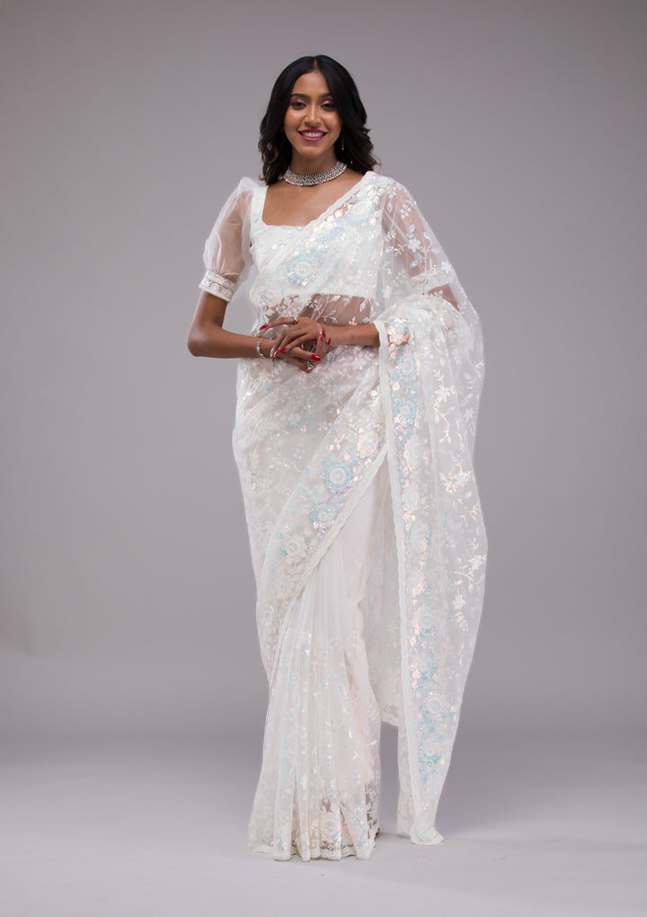 Off White Sequins Tissue Saree