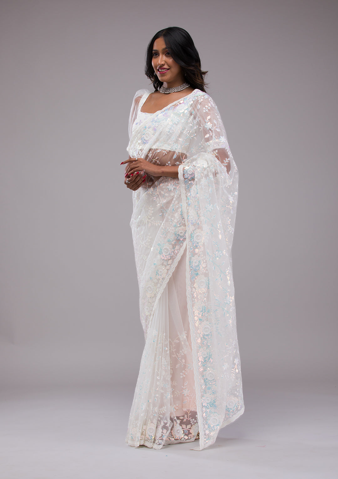 Off White Sequins Tissue Saree