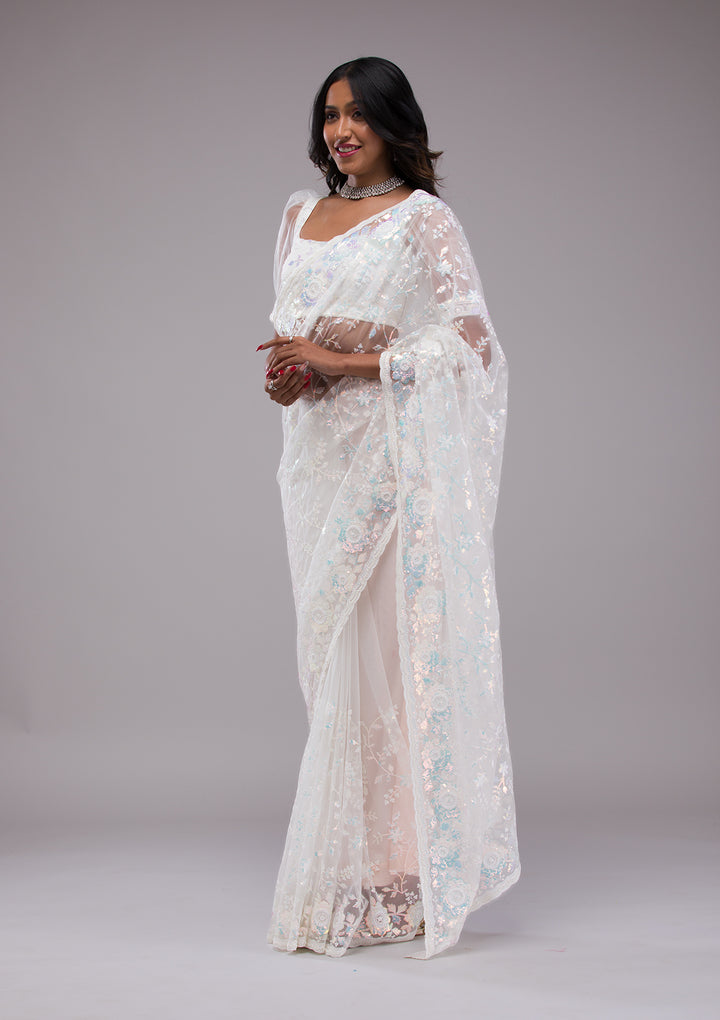 Off White Sequins Tissue Saree