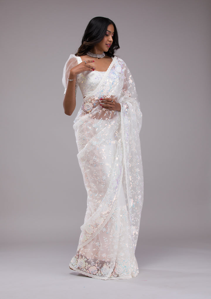 Off White Sequins Tissue Saree