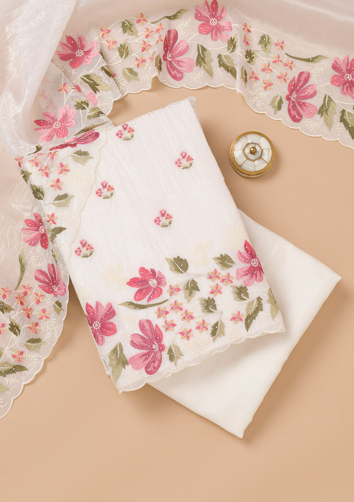 Off White Threadwork Organza Unstitched Salwar Suit