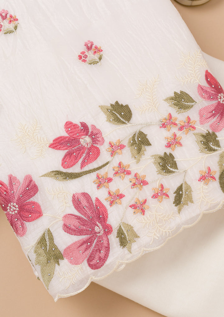 Off White Threadwork Organza Unstitched Salwar Suit