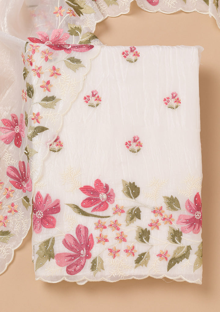 Off White Threadwork Organza Unstitched Salwar Suit