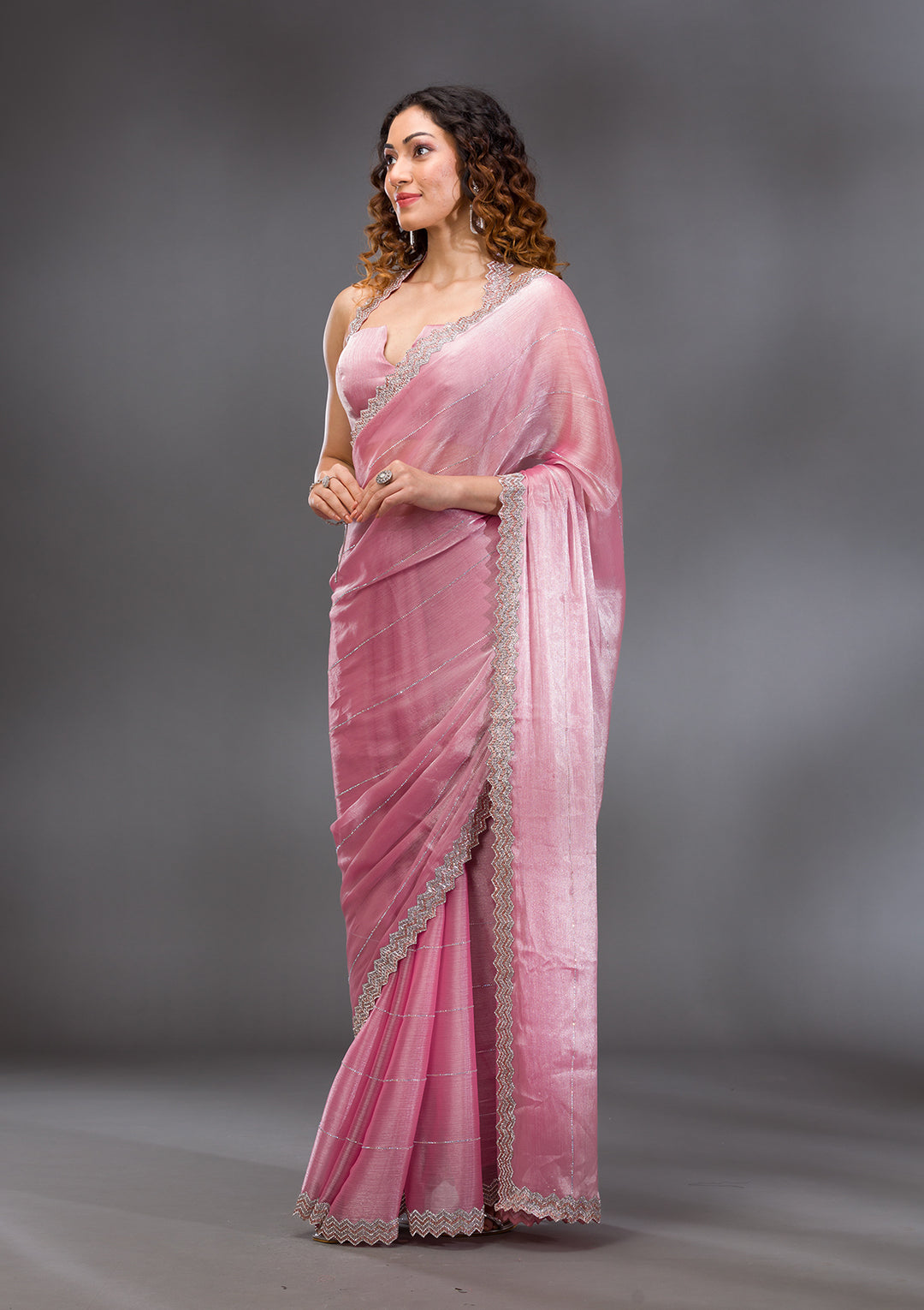 Onion Pink Organza Silver Stonework Saree With Matching Blouse Piece