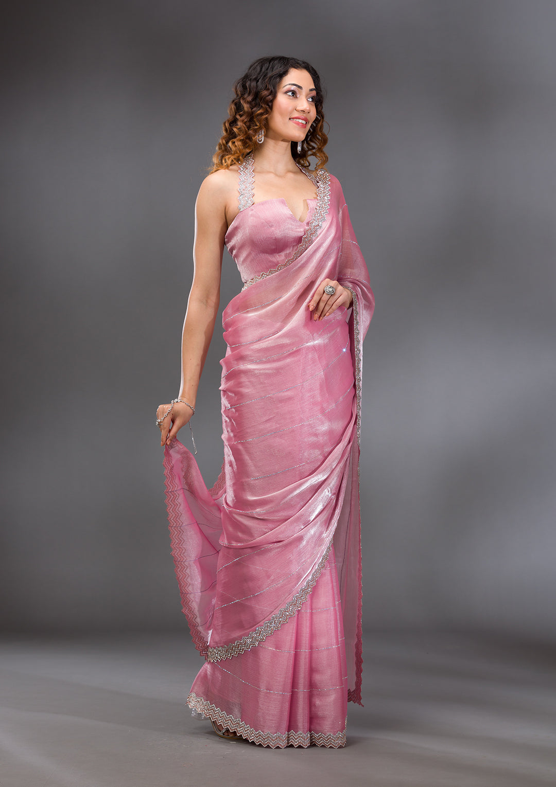 Onion Pink Organza Silver Stonework Saree With Matching Blouse Piece