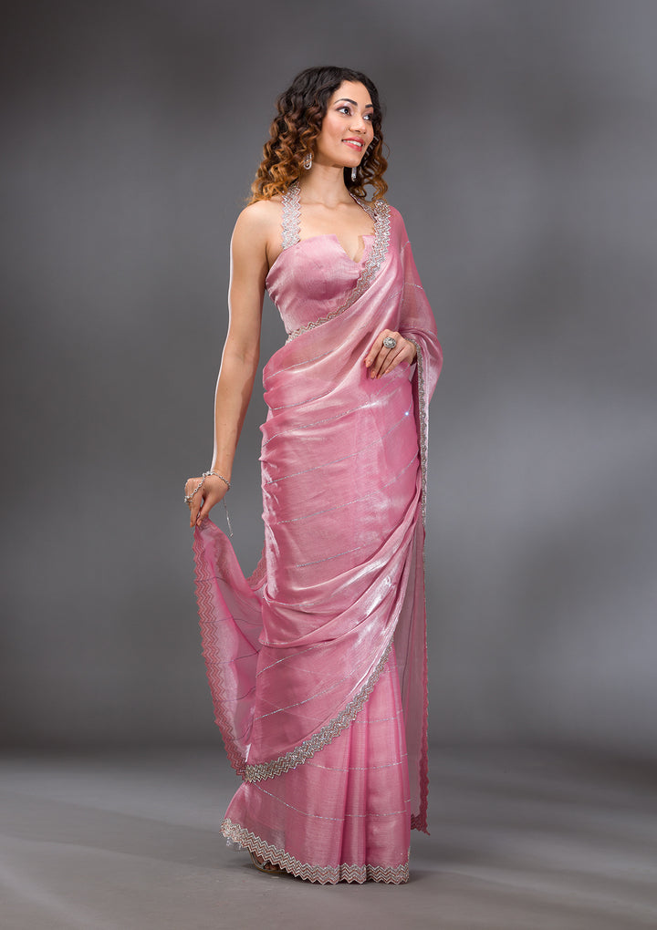 Onion Pink Organza Silver Stonework Saree With Matching Blouse Piece