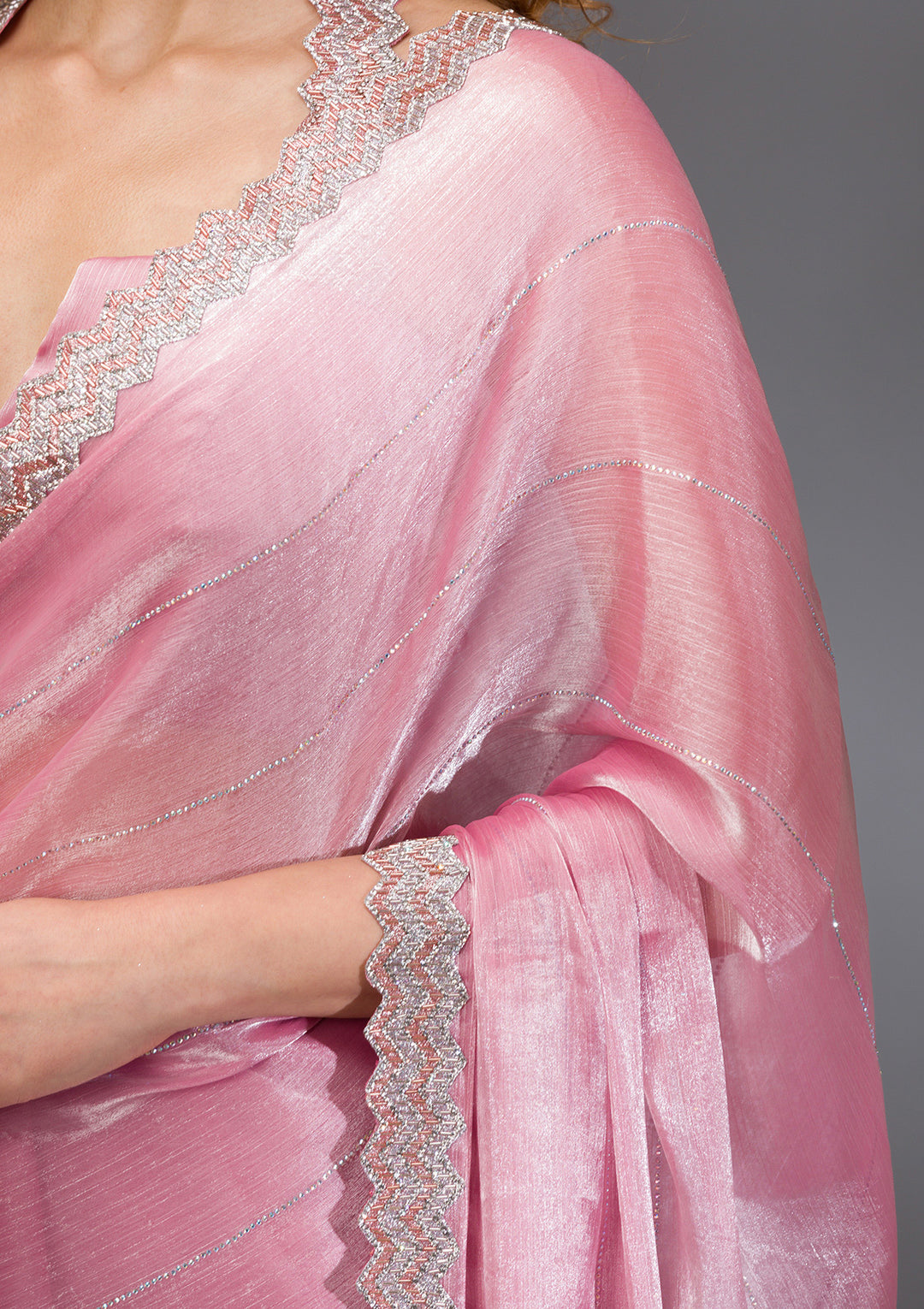 Onion Pink Organza Silver Stonework Saree With Matching Blouse Piece